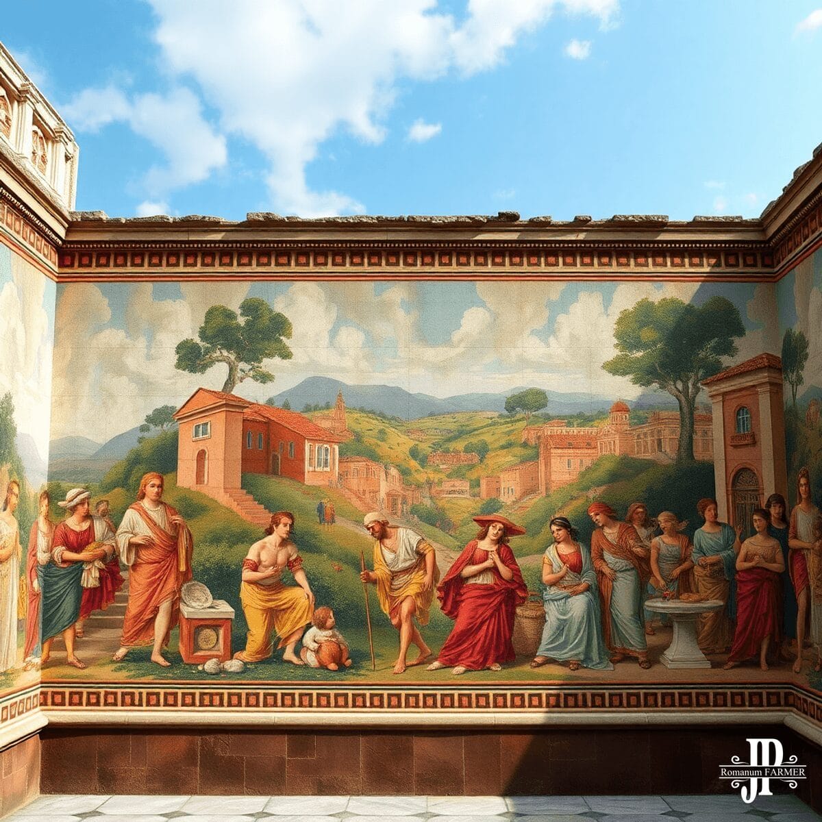 A vibrant fresco illustrating daily life in ancient Rome, featuring colorful landscapes and figures amidst classical architecture, reflecting the r...