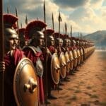 A formation of disciplined soldiers in armor, holding shields and spears, set against ancient Italian landscapes, symbolizing military strength and...