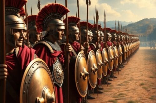 A formation of disciplined soldiers in armor, holding shields and spears, set against ancient Italian landscapes, symbolizing military strength and...