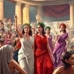 A lively amphitheater scene with figures in traditional Roman attire, showcasing women as spectators and performers, adorned with togas, laurel wre...