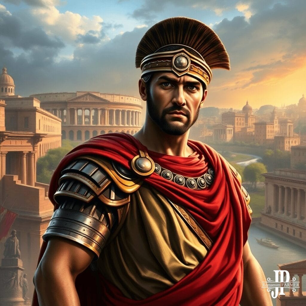 Julius Caesar stands confidently in traditional armor against a backdrop of ancient Rome, with the Rubicon River visible, embodying ambition and le...